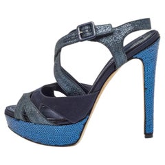 Dior Blue Satin and Glitter Platform Ankle Strap Sandals Size 40