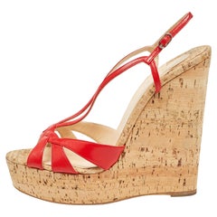 Christian Louboutin Red Leather Strappy Cork Wedge Sandals Size 40