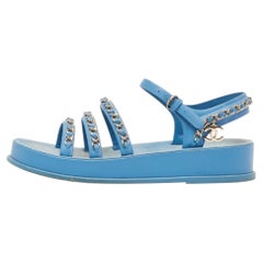 Chanel Blue Leather CC Chain Link Ankle Strap Sandals Size 38
