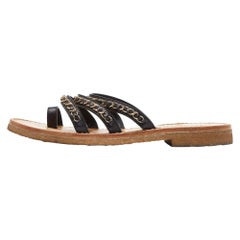 Chanel Black Leather Chain Strap Flat Sandals Size 39.5