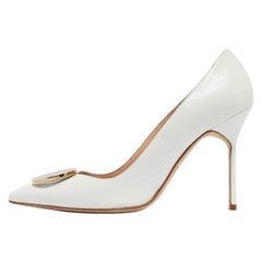 Manolo Blahnik White Leather Embellished Pointed Toe Pumps Size 37.5