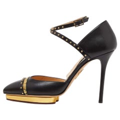 Charlotte Olympia Black Leather Studded Pointed Toe Ankle Strap Pumps Size 39
