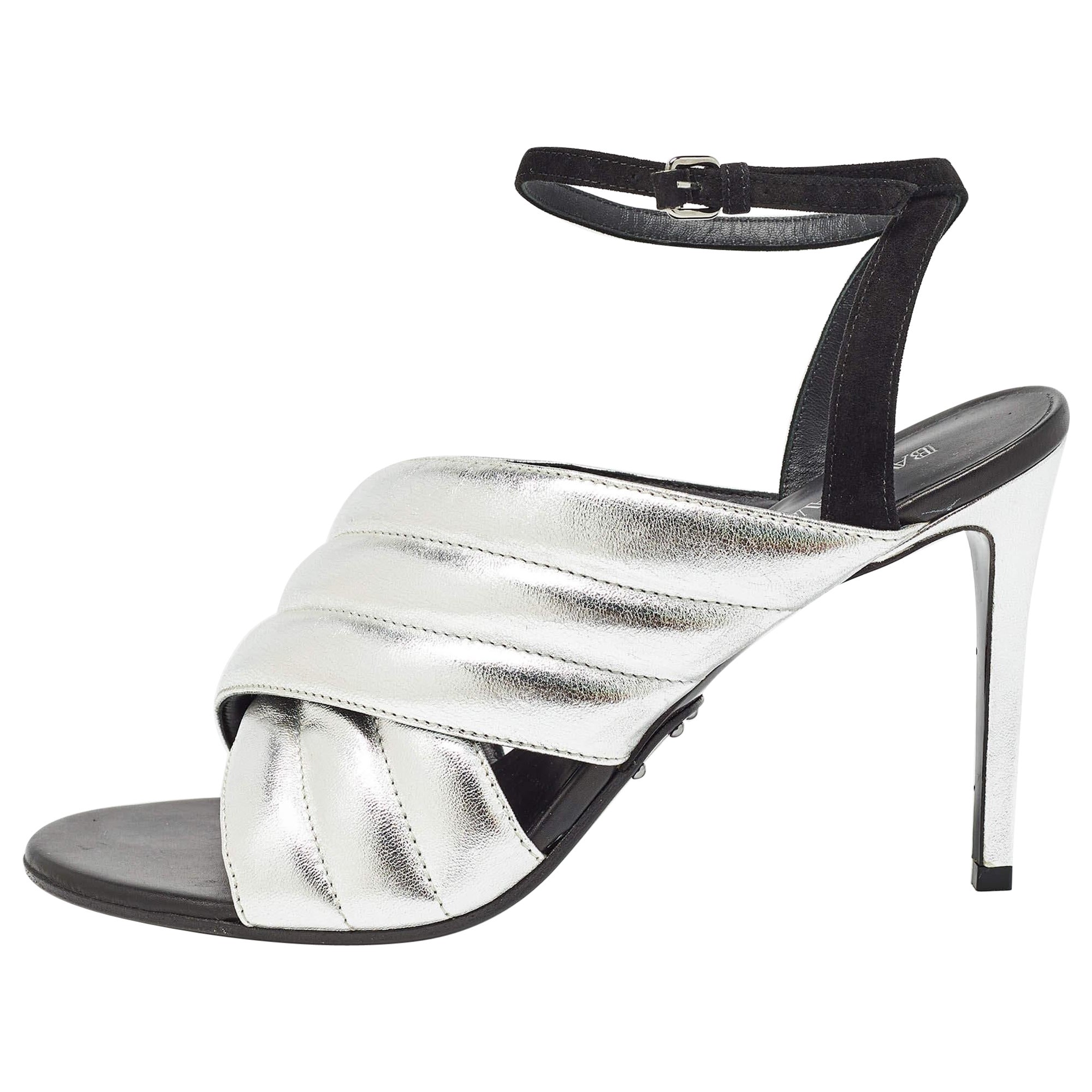 Balmain Silver/Black Sandali con cinturino alla caviglia in pelle e camoscio trapuntati taglia 40