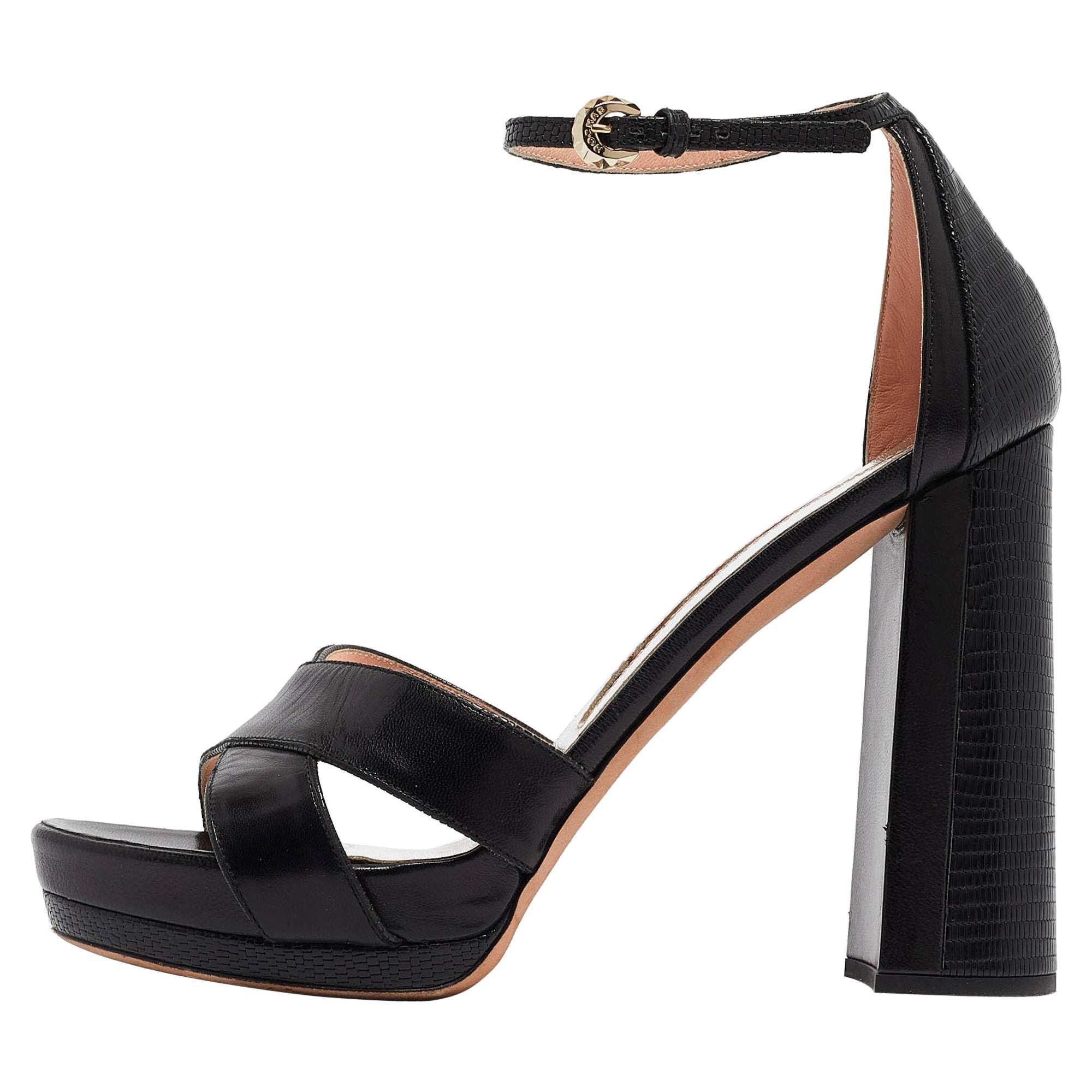 Rochas Black Leather Platform Ankle Strap Sandals Size 39 For Sale