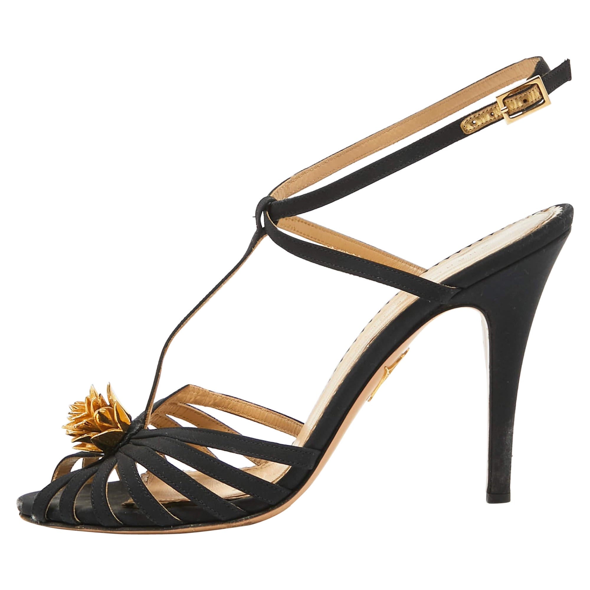 Charlotte Olympia Black Satin Flower Detail Ankle Strap Sandals Size 40 For Sale