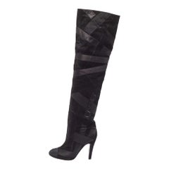 Chanel Black Suede and Grosgrain CC Cap Toe Knee Length Boots Size 39