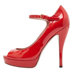 Gucci Red Patent Leather Peep Toe Platform Ankle Strap Pumps Size 39