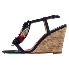 CH Carolina Herrera Sandalias con cuña de borlas de ante azul marino talla 37