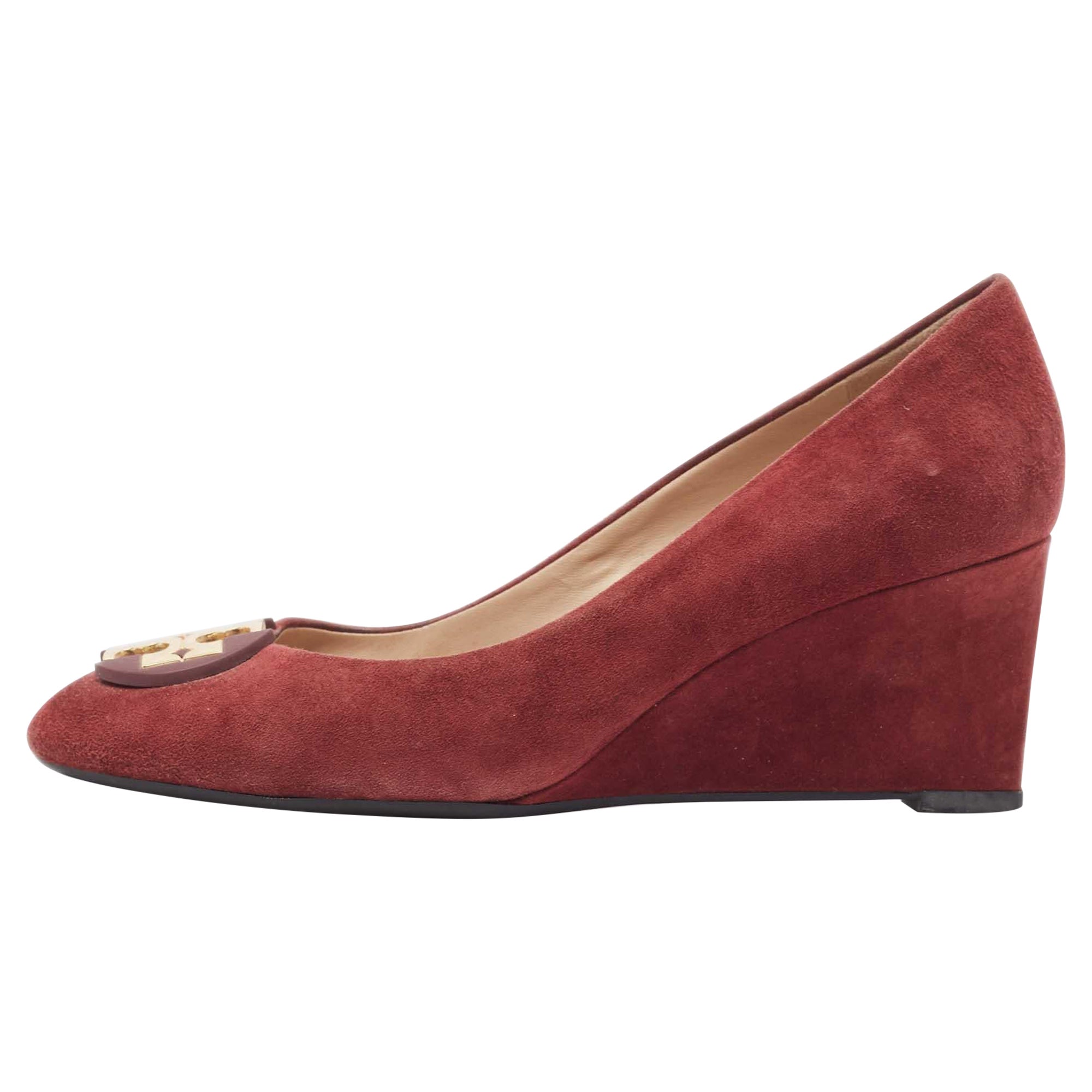 Tory Burch Burgundy Suede Luna Wedge Pumps Size 37 For Sale