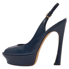 Yves Saint Laurent Navy Blue Leather Peep Toe Platform Slingback Pumps Size 36