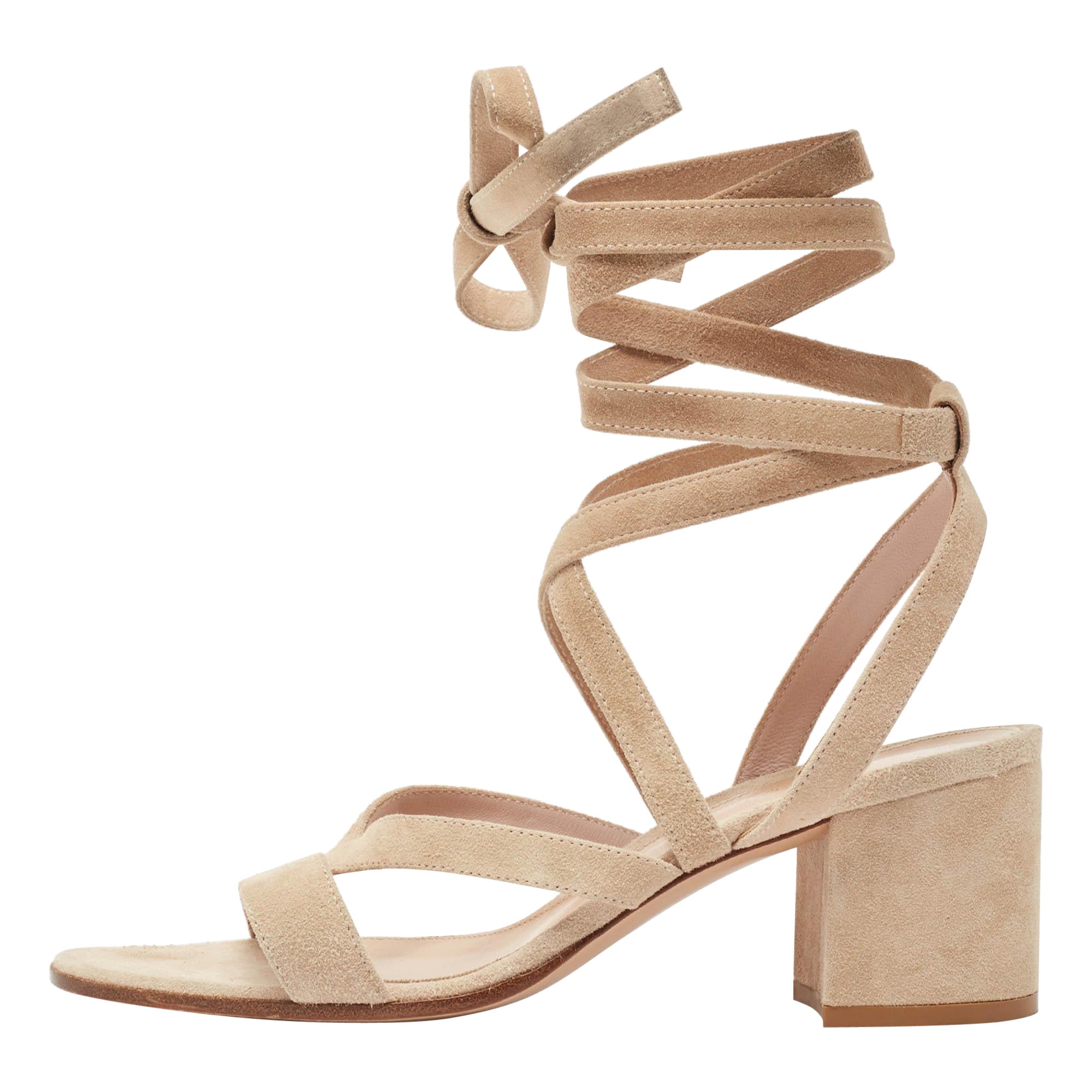 Gianvito Rossi Beige Suede Janis Ankle Wrap Sandals Size 37.5 For Sale