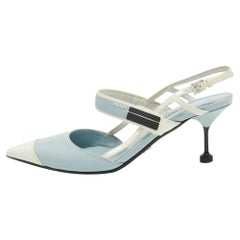 Prada Light Blue/White Leather and Rubber Pointed-Toe Slingback Pumps Size 37
