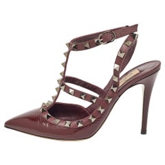 Valentino Burgundy Patent Leather Rockstud Ankle Strap Pumps Size 36.5