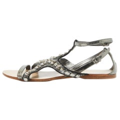 Miu Miu Metallic Leather and Glitter Ankle Strap Flat Sandals Size 39