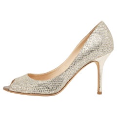 Jimmy Choo Silver/Gold Glitter Evelyn Peep Toe Pumps Size 38.5