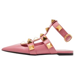 Valentino Pink Leather Roman Stud Ankle Cuff Flat Sandals Size 37