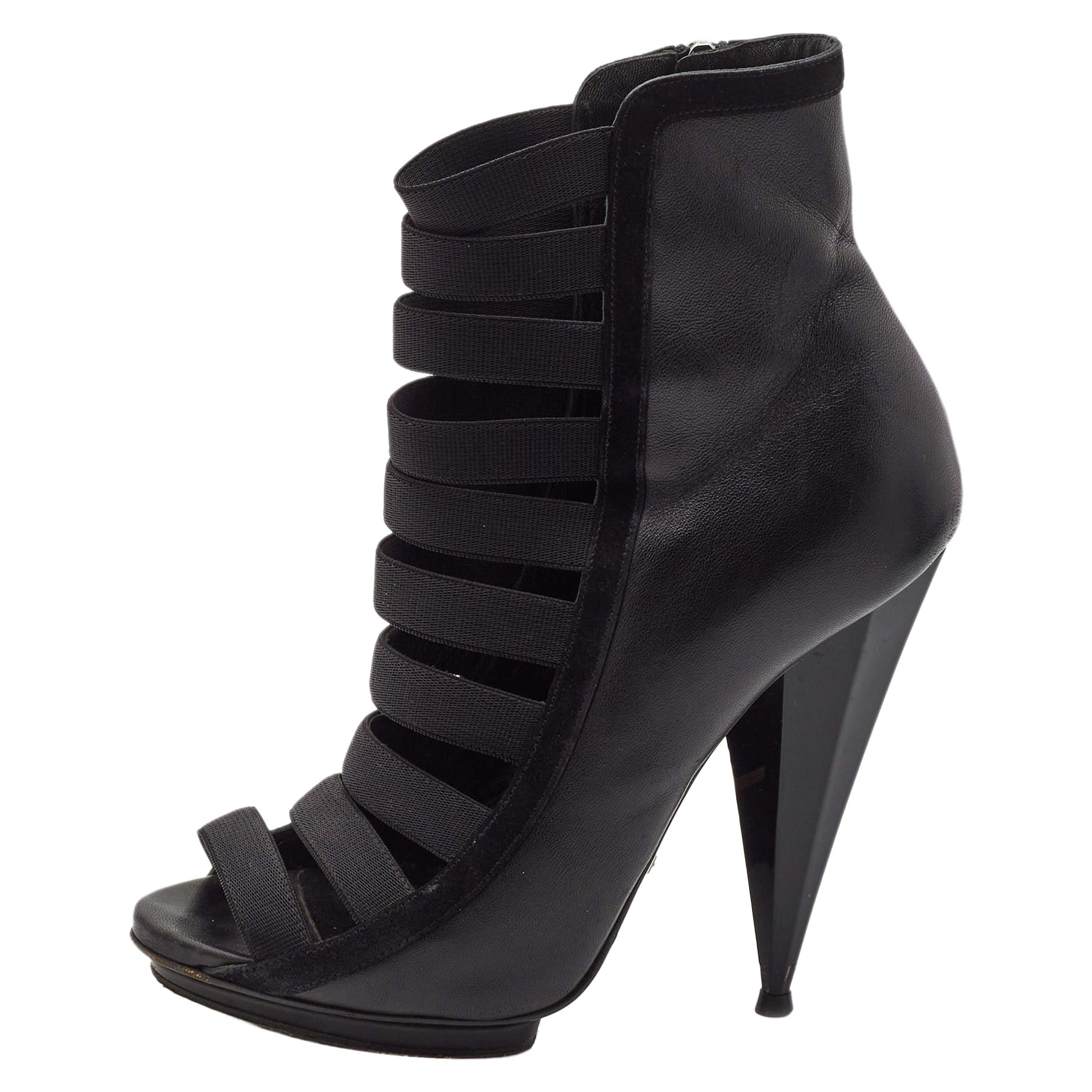 Gucci Black Leather Elastic Olimpia Open Toe Booties Size 37 For Sale