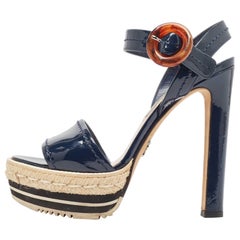 Prada Navy Blue Patent Leather Espadrille Platform Ankle Strap Sandals Size 37