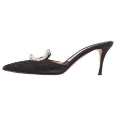 Manolo Blahnik Black Lace and Mesh Crystal Borli Mules Size 38