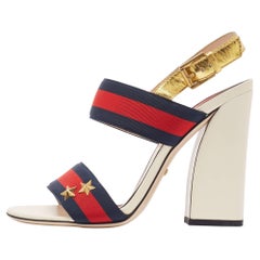 Gucci Gold Leather and Grosgrain Web Aline Sandals Size 38