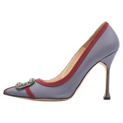 Manolo Blahnik Grey/Burgundy Satin and Canvas Gotrian Pumps Size 39