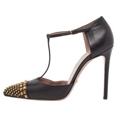 Gucci Black Studded Leather Coline T Strap Pumps Size 39