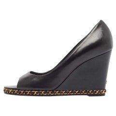 ChanelBlack Leather Chain Me Peep Toe Wedge Pumps Size 39