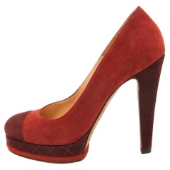 Chanel Brown/Burgundy Suede CC Platform Pumps Size 38