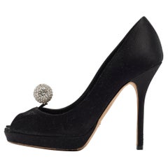 Dior Black Satin Crystal Embellished Disco Ball Peep Toe Pumps Size 37.5