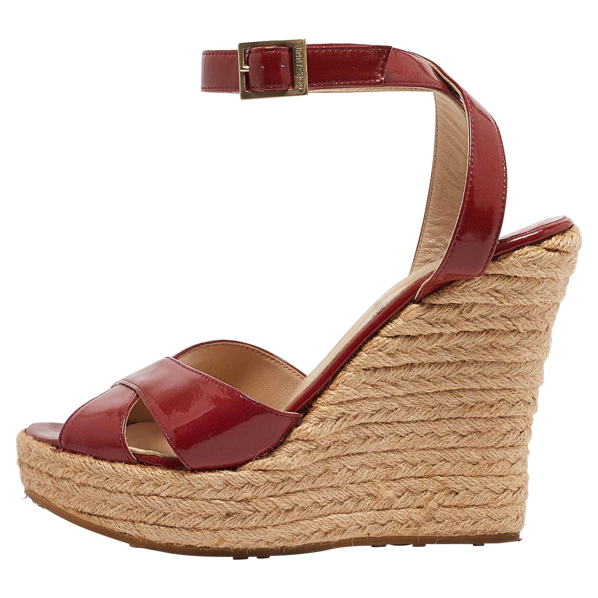 Jimmy Choo Burgundy Patent Leather Phoenix Espadrille Wedge Sandals Size 38 For Sale