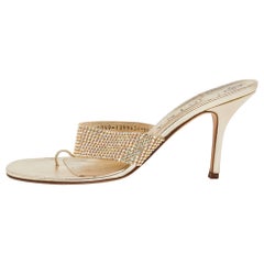 Gina Gold Crystal Embellished Leather Thing Slide Sandals Size 40.5