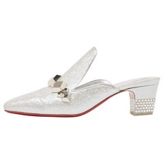 Christian Louboutin Silver Leather Crystal Embellished Aquallia Mules Size 37