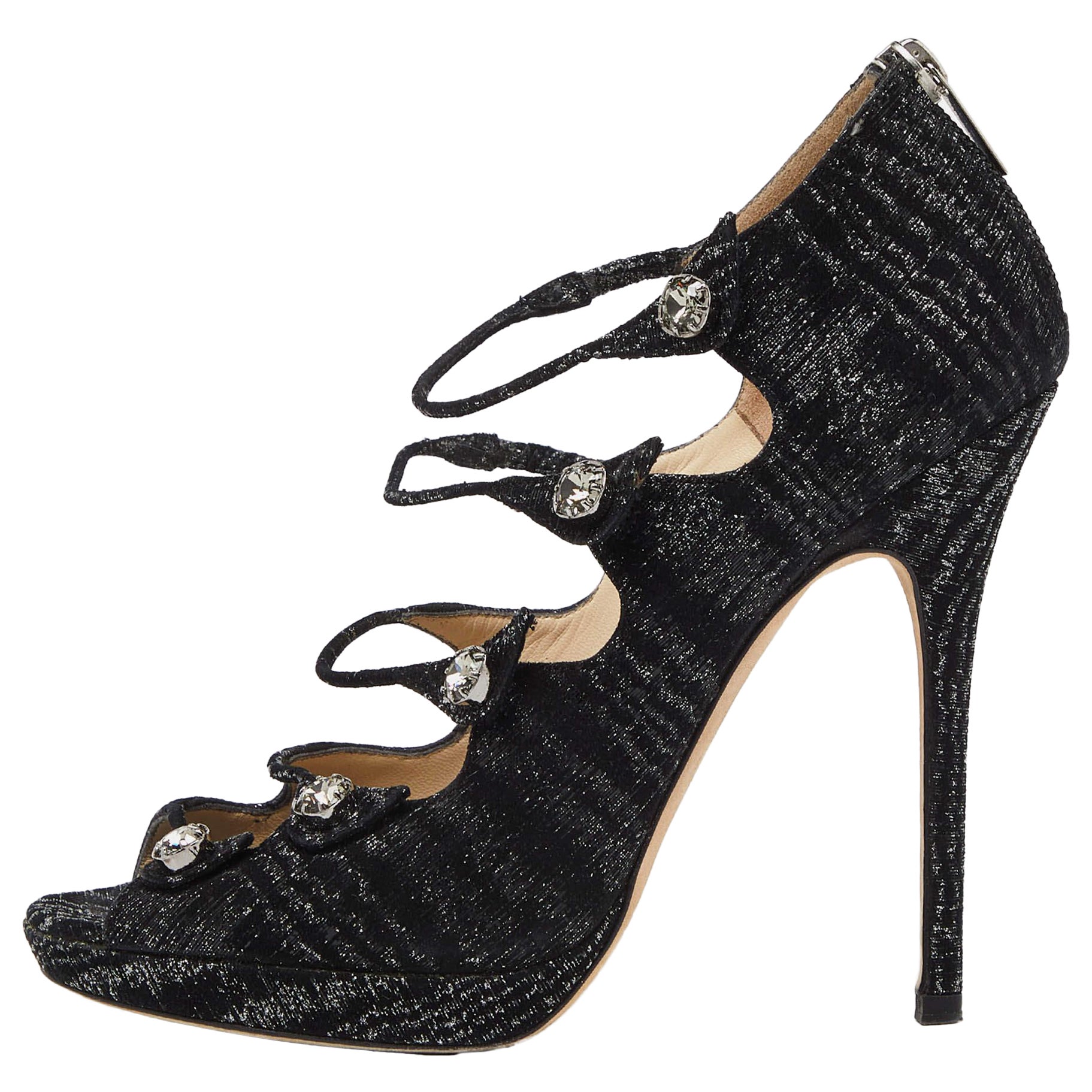 Jimmy Choo - Sandales à lanières en tissu Lurex noir Taille 37.5 en vente