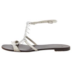 Giuseppe Zanotti White Leather Fishbone Ankle Strap Flat Sandals Size 38