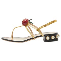 Gucci Gold Leather Hatsumomo Cherry Thong Sandals Size 37.5