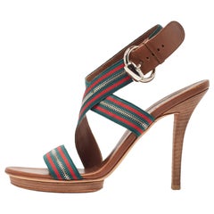 Gucci Tricolor Leather and Zip Web Canvas Ankle Wrap Sandals Size 39.5