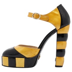 Chanel Black/Yellow Patent Leather Platform Ankle Strap Pumps Size 37.5