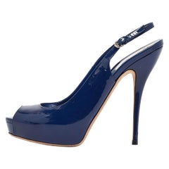 Gucci Blue Patent Sofia Peep Toe Slingback Pumps Size 40.5