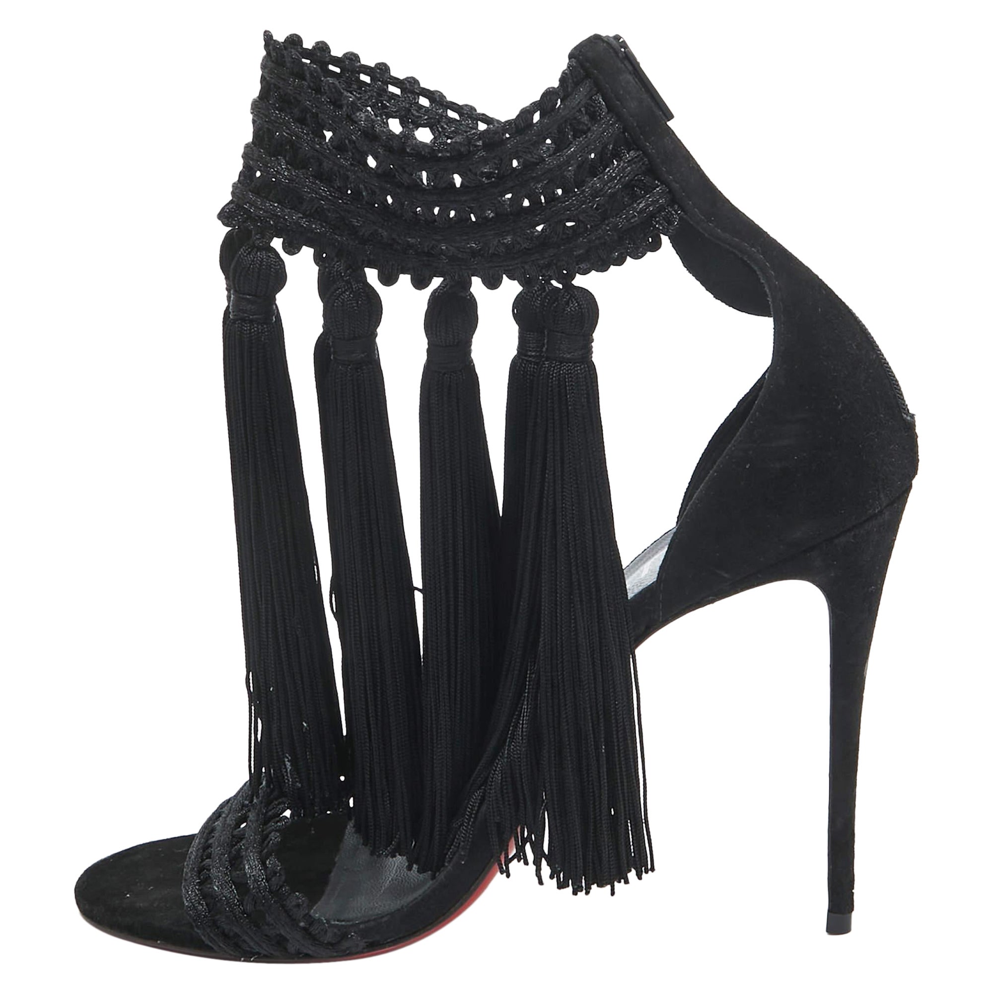 Christian Louboutin Sandales Palma Macrame noires en dentelle et daim, taille 40 en vente