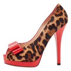 Fendi Red/Brown Calf Hair and Leather Peep Toe Pumps Size 40
