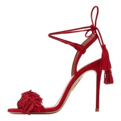 Aquazzura Red Fringed Suede Wild Thing Ankle Wrap Sandals Size 36