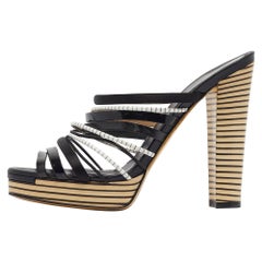 Fendi Schwarzes Leder und Satin Riemchen Plateau Slide Sandalen Größe 41