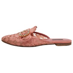 Dolce & Gabbana Pink Lace Crystal Embellished Flat Mules Size 41