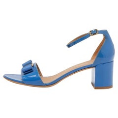 Salvatore Ferragamo Blue Patent Leather Block Heel Ankle Sandals Size 40