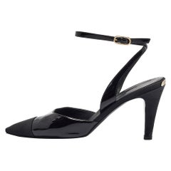 Chanel Black Patent Leather and Canvas Ankle Strap Pumps Size 38