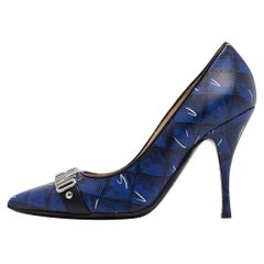 Moschino Blue Printed Leather Logo Buckle Pointed Toe Pumps Size 36