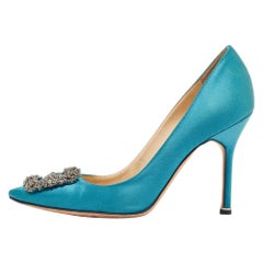 Manolo Blahnik Teal Satin Hangisi Pumps Size 37.5
