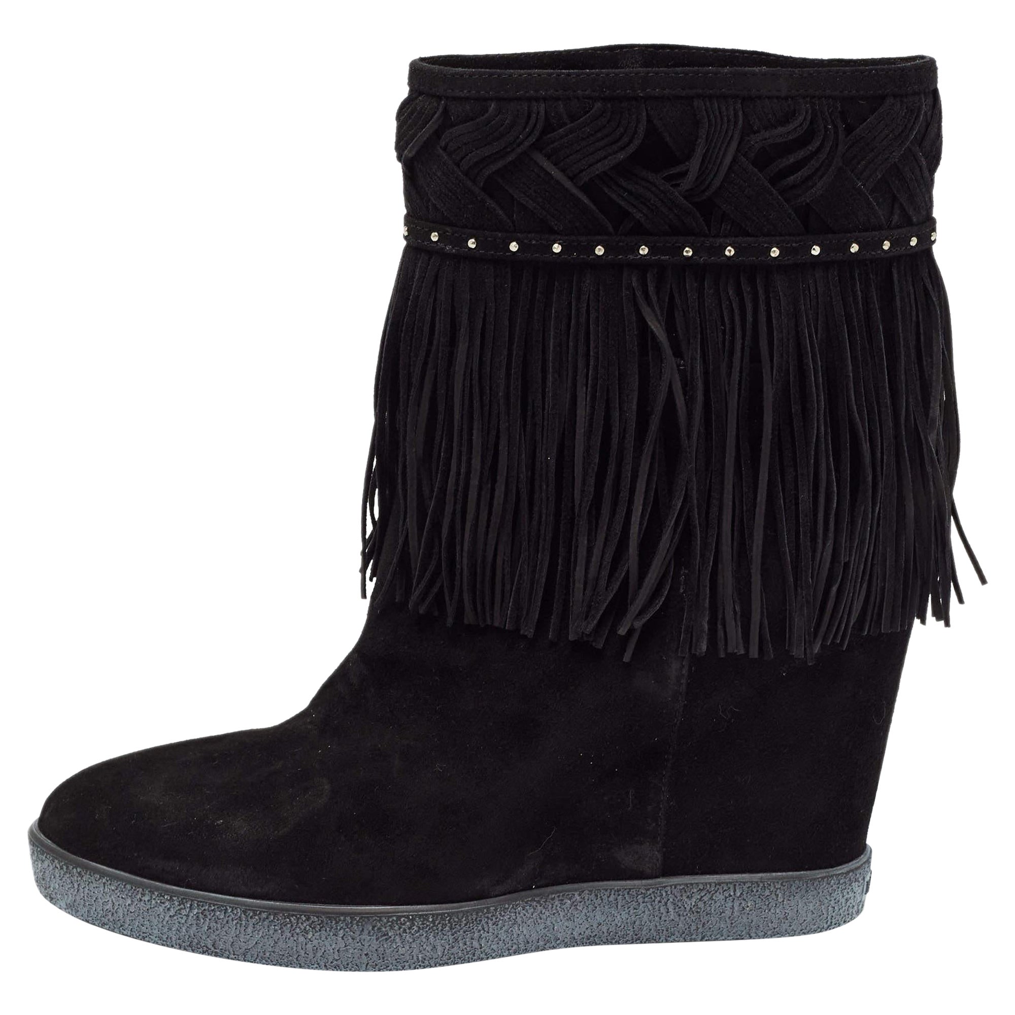 Le Silla Black Suede Concealed Fringed Wedge Boots Size 37 For Sale