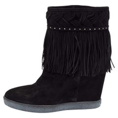 Le Silla Black Suede Concealed Fringed Wedge Boots Size 37
