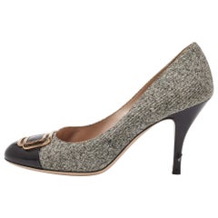 Salvatore Ferragamo Black/Grey Leather and Tweed Buckle Detail Pumps Size 39.5